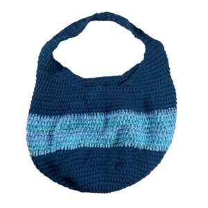 Crochet Hobo Bag Knit Striped Shoulder Bag Blue Handmade Purse Market Tote